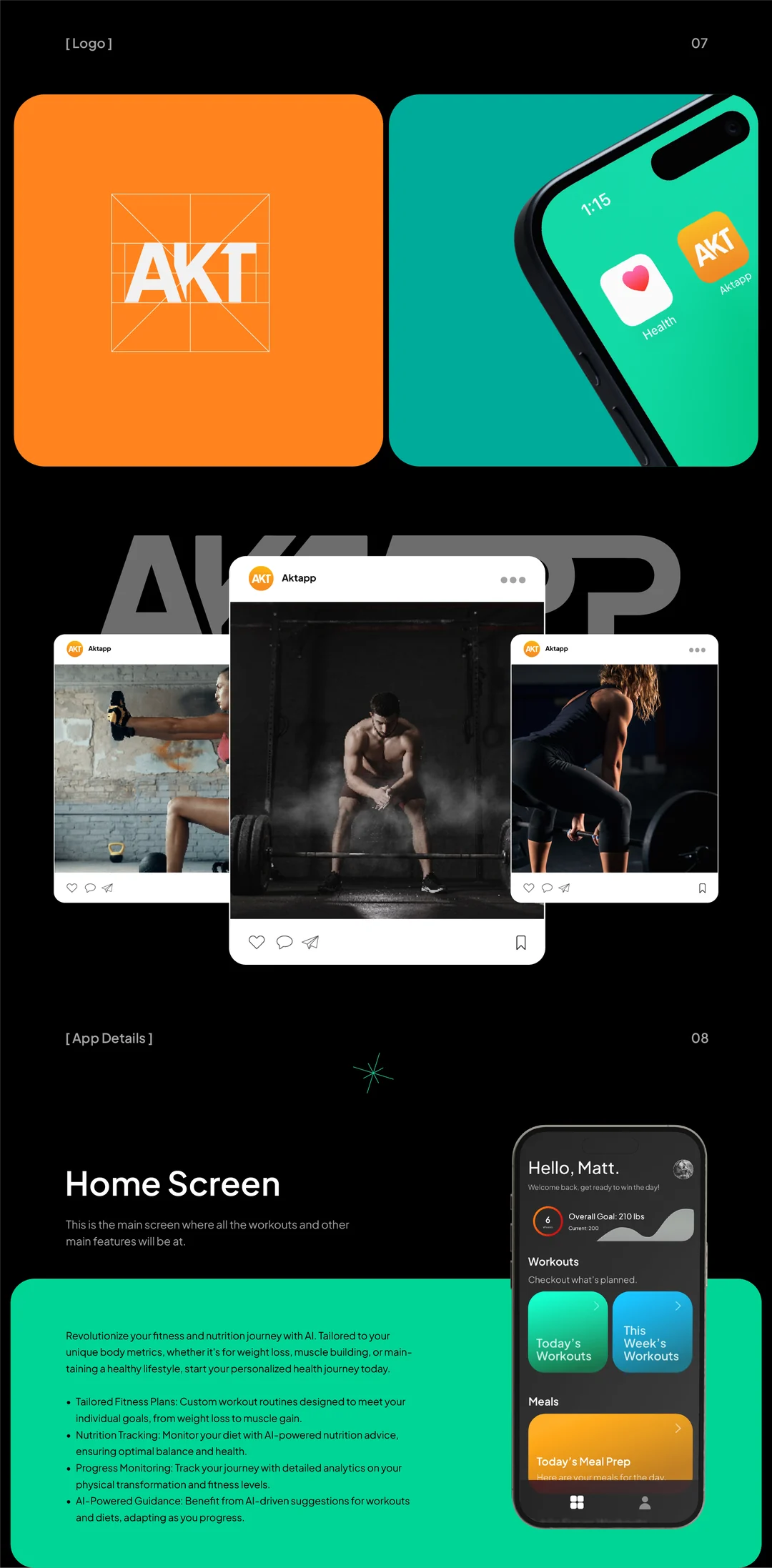Logo: the orange AKT mark, the app icon on a phone, social posts, and the home screen with today's meal prep.