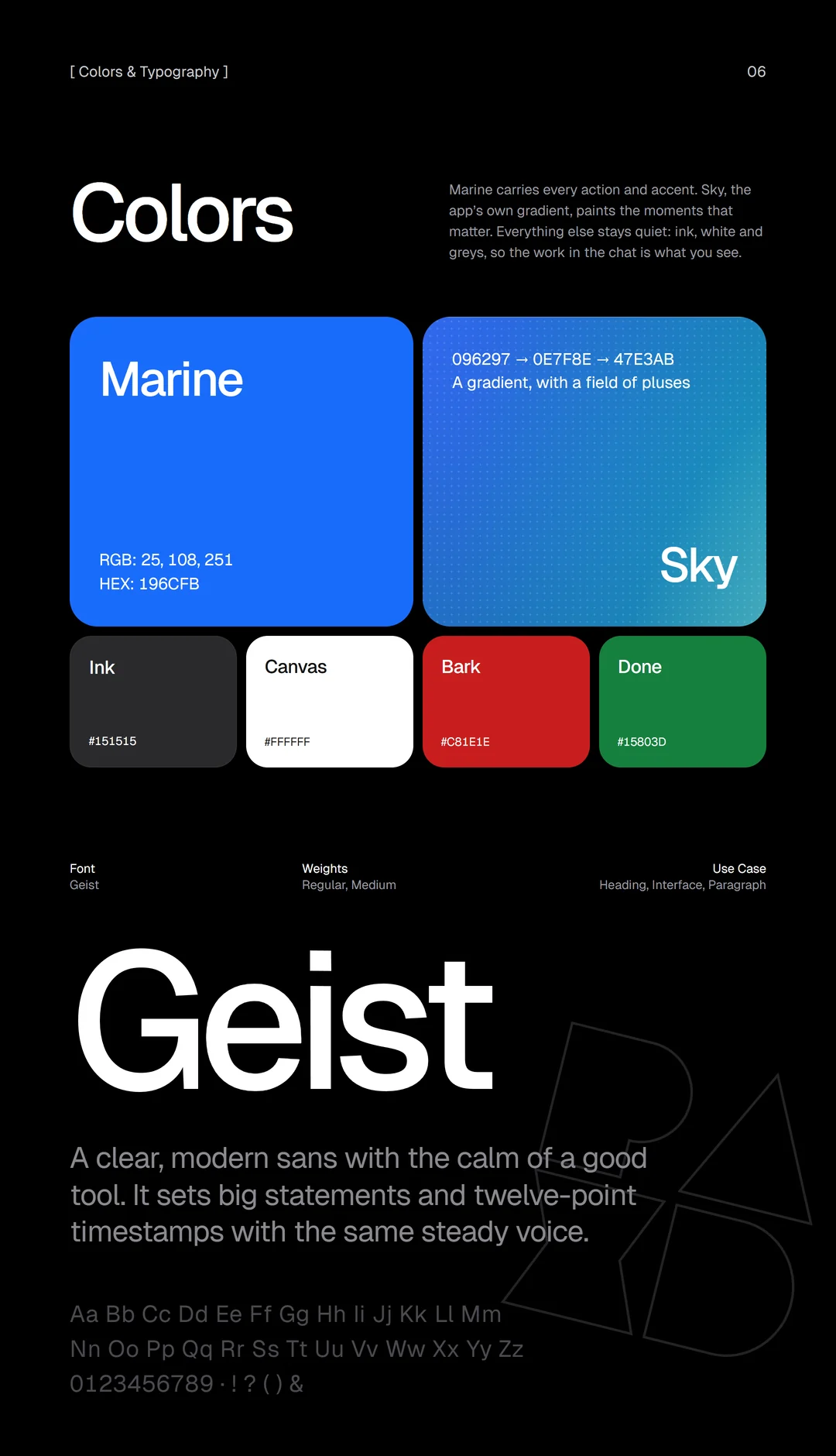 Colors and typography: Marine, the Sky gradient, Ink, Canvas, Bark red and Done green, set in Geist.