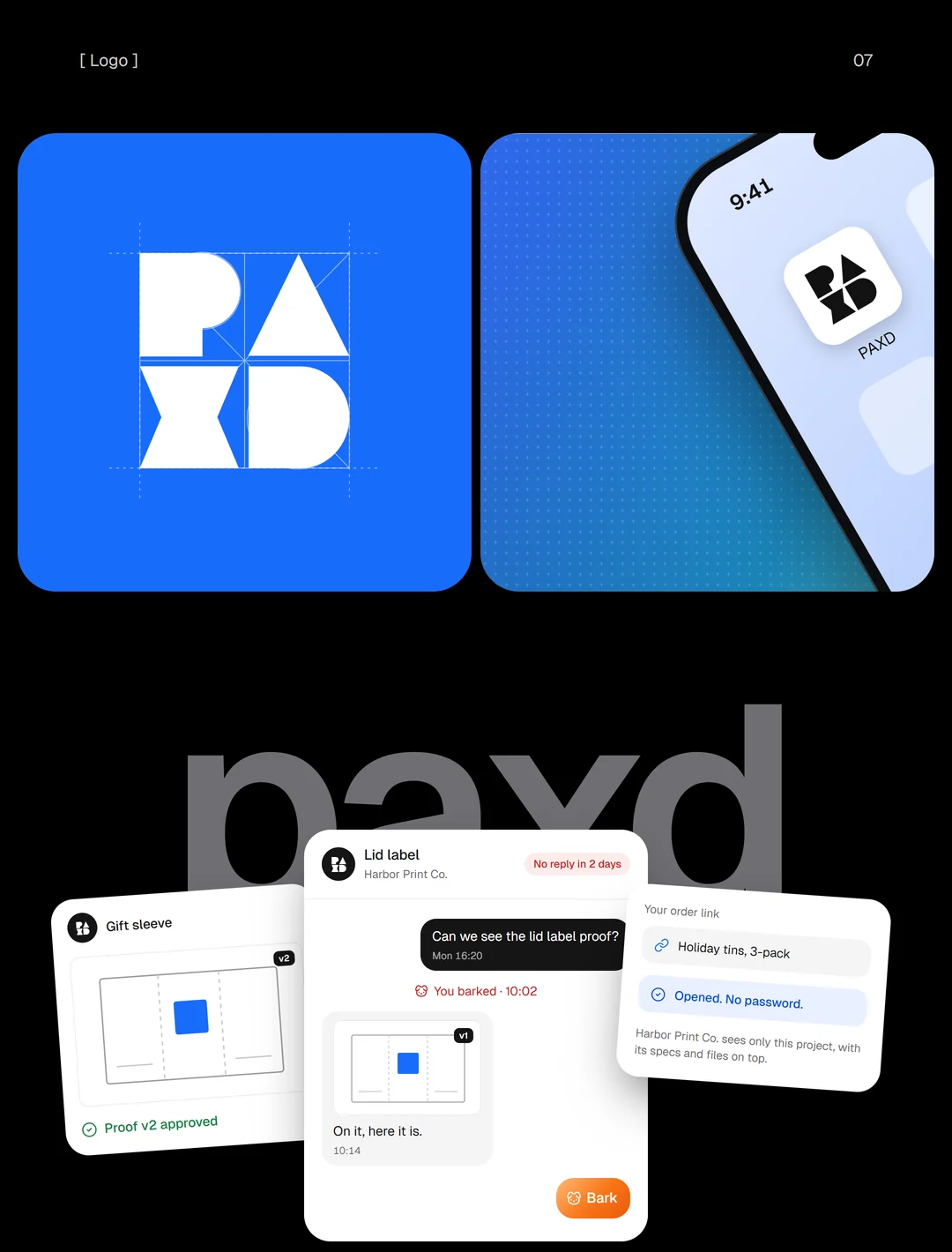 Logo: the PAXD mark on its construction grid, the app icon on a phone home screen, and three PAXD cards in front of the wordmark.