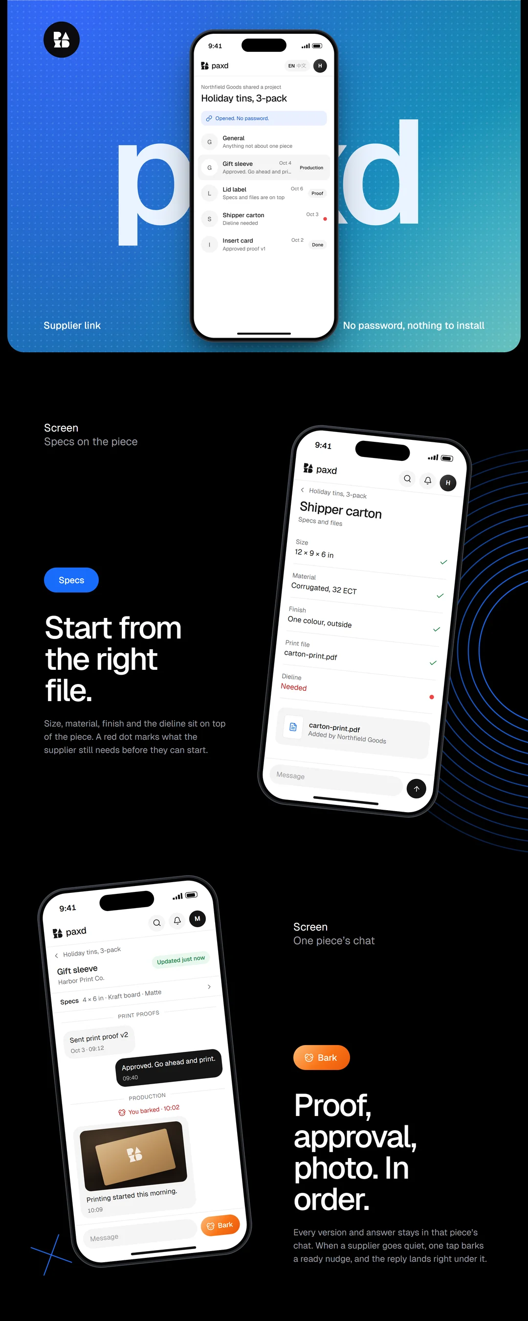Screens: the supplier link (no password, nothing to install), specs on the piece, and one piece's chat with the Bark button.