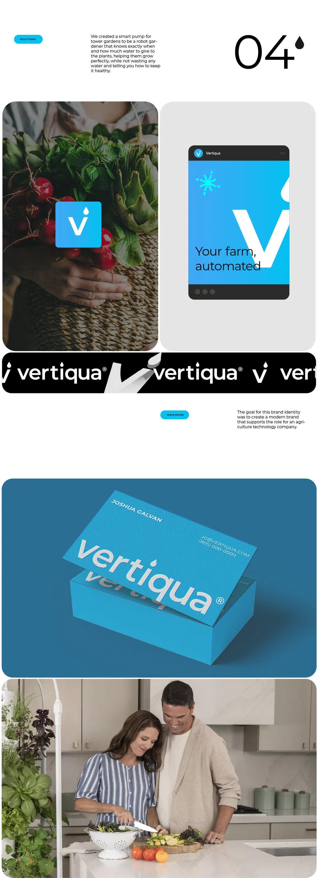 04: the logo on fresh produce, the automated farm screen, the wordmark, Vertiqua business cards and a couple cooking.